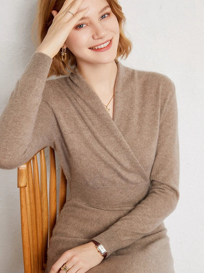 CHICUU Women 100% Cashmere Dresses V-neck Waist Cinching Dresses Autumn Winter Office Lady Grace Luxury Cashmere Knitwear