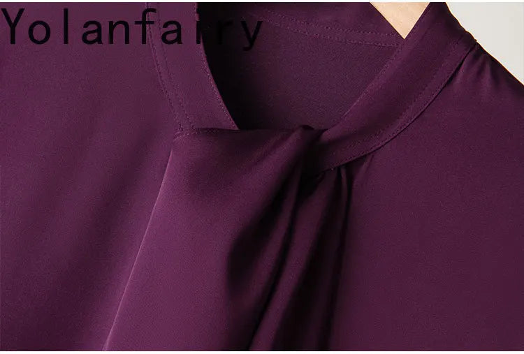 YOLANFAIRY 93% Real Mulberry Silk Shirts for Women Spring 2026 Elegant Solid Long Sleeve Shirt Woman Top Ribbon OL Blouses Trend