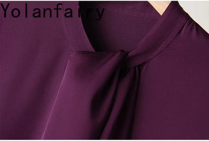 YOLANFAIRY 93% Real Mulberry Silk Shirts for Women Spring 2026 Elegant Solid Long Sleeve Shirt Woman Top Ribbon OL Blouses Trend