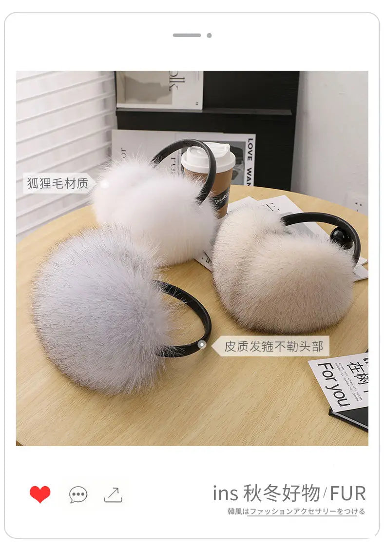 New Arrival Women 100% Real Fox Fur Ear Cover Plush Genuine Fox Fur Earmuff Winter Lady Big Pompoms Fox Fur Fluffy Earmuffs Warm