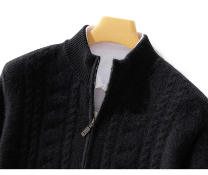 High Quality Men Mock Collar Twisted Cardigan Autumn Winter Thick Zipper 100% Merino Wool Sweater Casual Coat Cashmere Knitwear