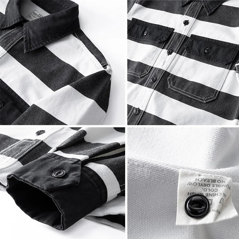 Amekaji Heavyweight Zebra Striped Jacket - Thick Canvas Motorcycle Biker Jacket Retro Workwear Coat
