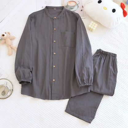 2026 New Spring/Summer Couple's Pajama Set 100% Cotton Simple Men's and Women's Long Sleeve Long Pants Two Piece Home Clothes