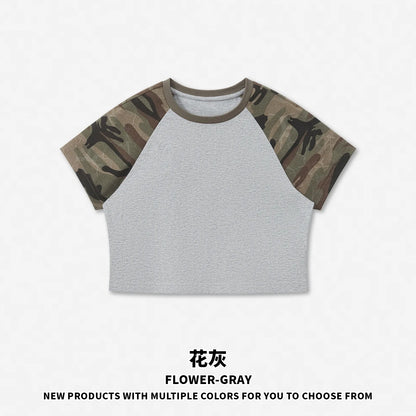 Custom LOGO Women's American Street Spice Girl Camouflage Ragged Short Sleeve T-Shirt 210G Cotton Slim-fit Contrast Top
