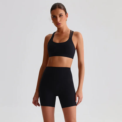 Solid Color High Impact Solid Gym Yoga Set Tight Legging Fitness Cross-back straps Bra Top 2pcs Soft Sport Suit  Women Sportwear