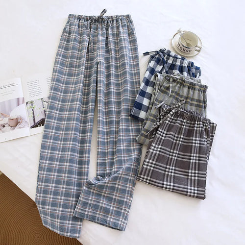 2026 New Spring and Autumn Men's Sleeper Pants 100% Cotton Gauze Japanese Checkered Pants Elastic Waist Home Pants Sleepwear