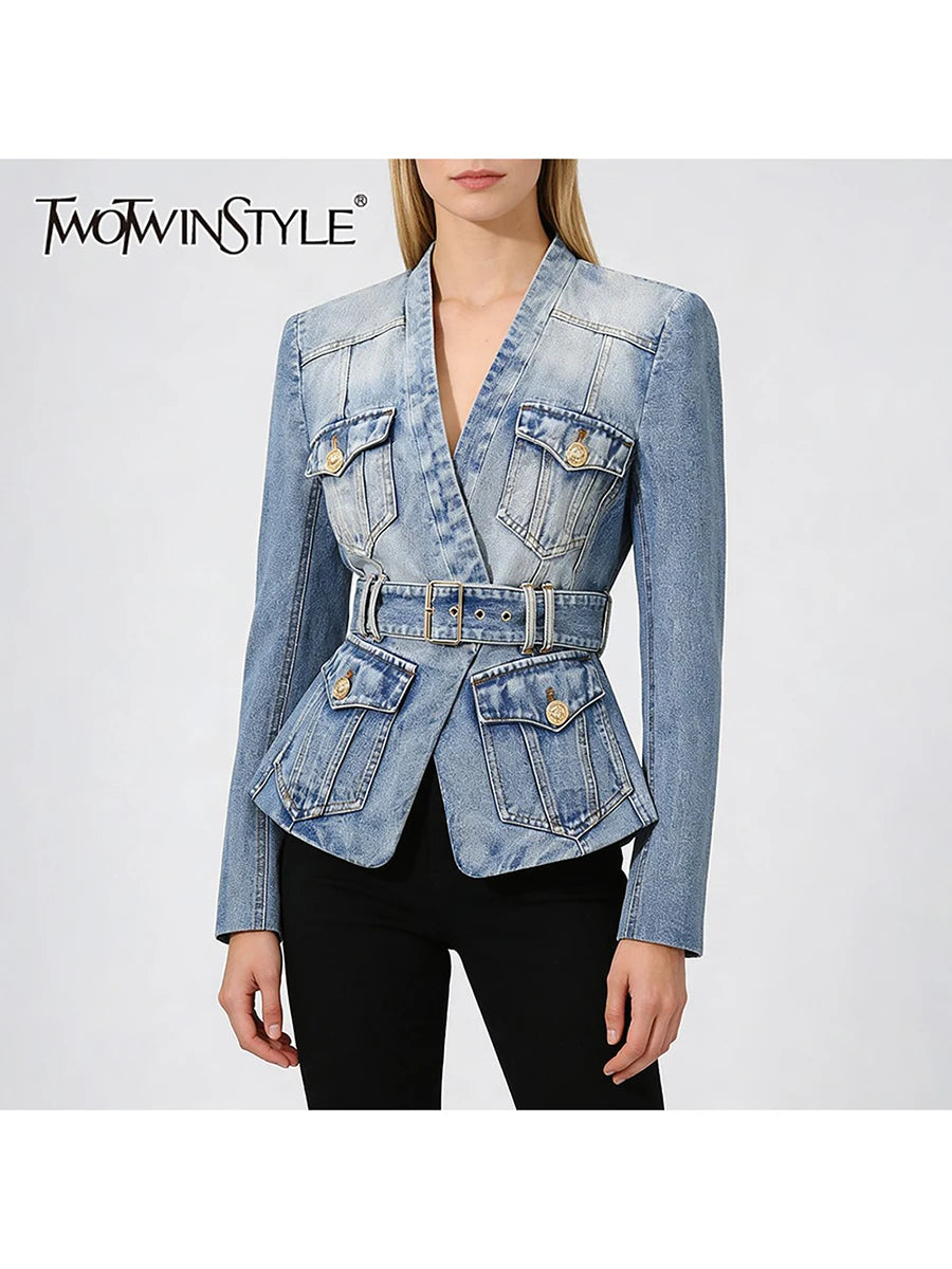 TWOTWINSTYLE Fashion Slimming Spliced Pockets Cowboy Jackets for Women V Neck Long Sleeve Tunic Patchwork Belt Jacket Female New