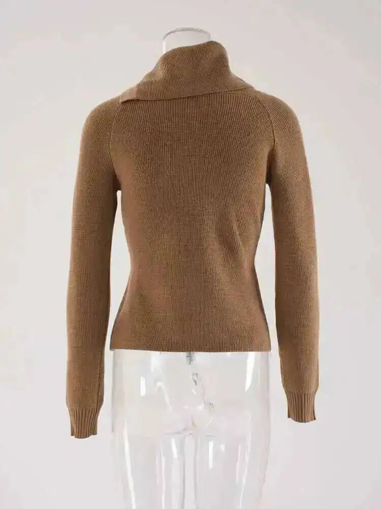 DEAT Fashion Brown Irregular Knitted Tops Women's Turtleneck Slim Fit Button Long Sleeves Short Sweater Autumn New