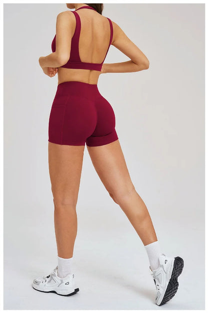 TRY TO BN Women's Tracksuit Shorts Sports Gym Set Halter Neck Fitness Cross Waisted Short Running Two Pieces Suits Yoga Clothing