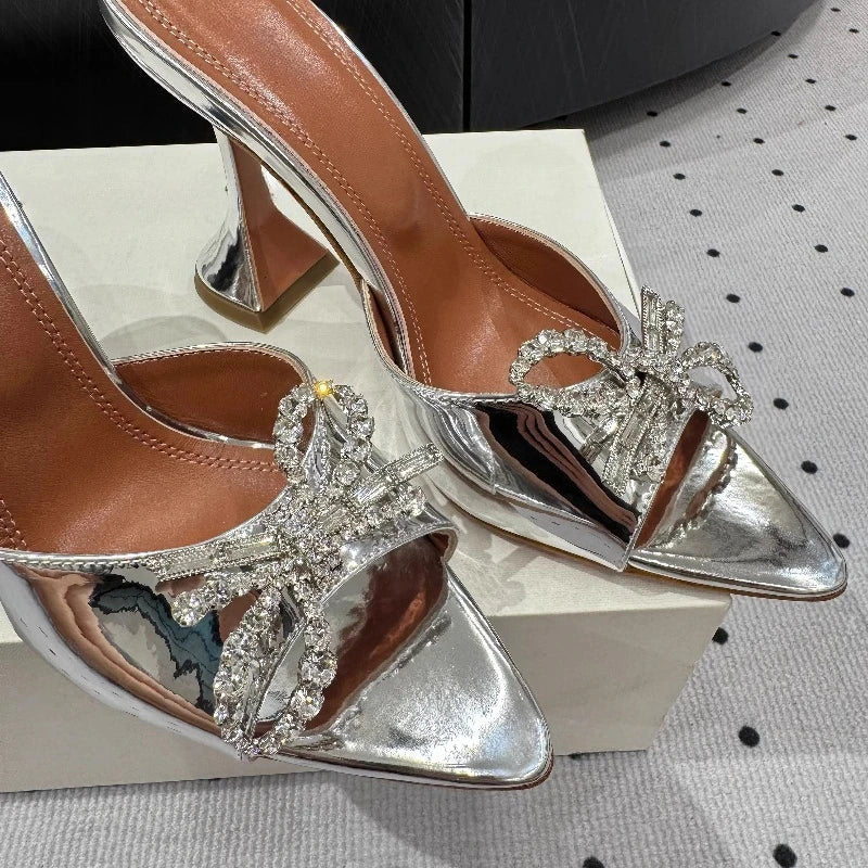New Bow Rhinestone High-heeled Sandals Sexy Open-toed Fish Mouth Pointed Rear Empty Cool Slippers Women
