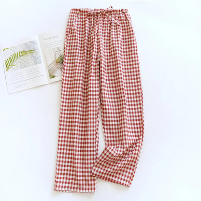 Men's Cotton Gauze Trousers Plaid Knitted Sleep Pants Woman Pajamas Pants Bottoms Sleepwear Short for Couples Pijama Hombre