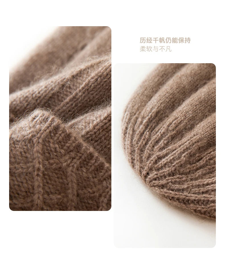 Thickened Outdoor Hat Autumn And Winter Men's And Women's Pullover 100%cashmere Hat With Groove Strip Casual And Warm Woolen Hat