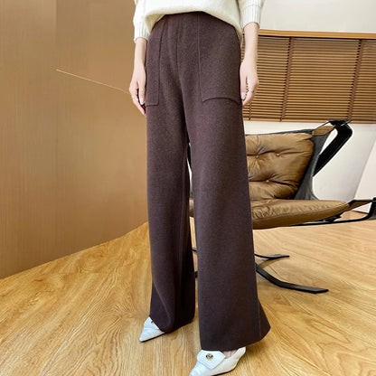 DjzDsm Women's Autumn Spring Knitted Floor-Length Wide Leg Pants 100% Merino Wool Long Trousers