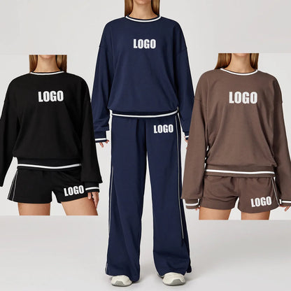 Custom LOGO women's new casual sweater wide-leg trousers comfortable outdoor fashion sports jogging shorts cycling two-piece set