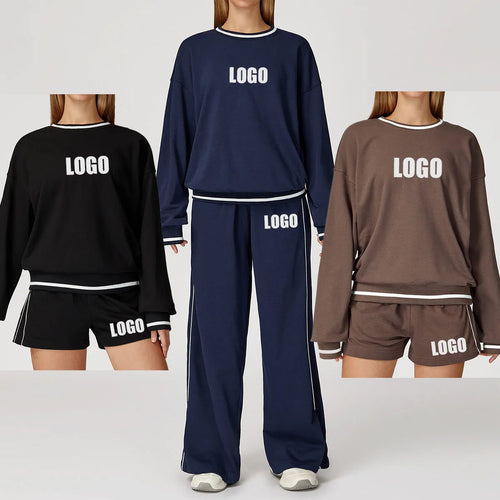 Custom LOGO women's new casual sweater wide-leg trousers comfortable outdoor fashion sports jogging shorts cycling two-piece set
