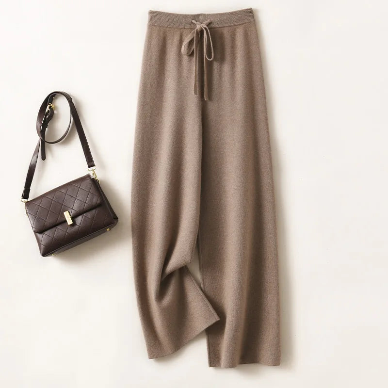 CHICUU Women Cashmere Pants Basic Casual Wide Leg Pants Autumn Winter 100% Merino Wool Knitwear Soft Korean Popular Trousers