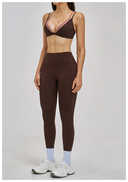 TRY TO BN Women's Color Block Yoga Sets Fake Two-Piece Sports Bra High Waisted Leggings Breathable Fitness Workout Gym Tracksuit