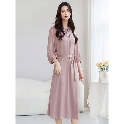 SuyaDream, Women Elegant Dresses, Real Silk, O Neck, 3/4 Sleeved, Black Mid Dress, 2026 Spring Summer Cloth