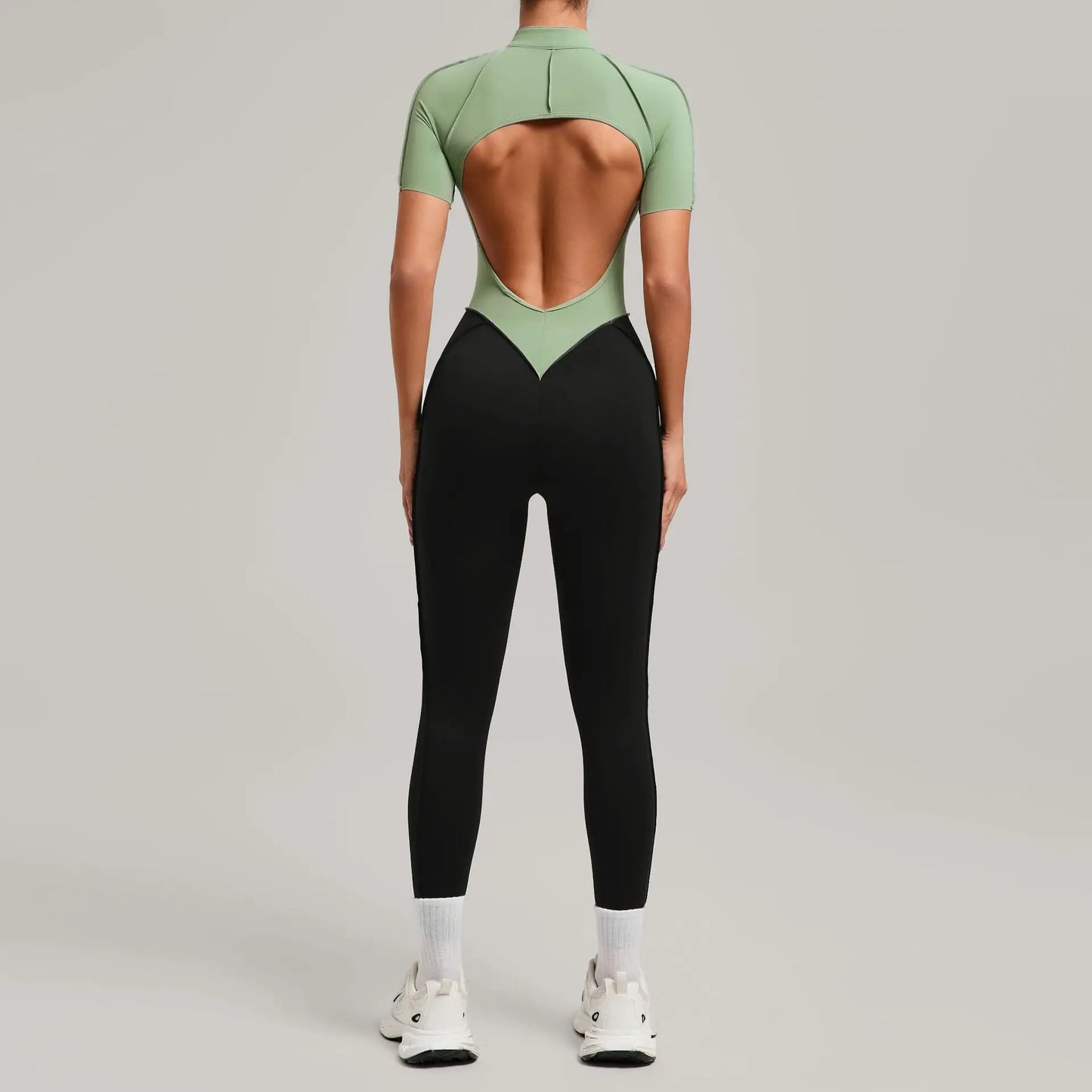 SOISOU Zipper Jumpsuit Women Nylon Clothing Sportswear Woman Gym Yoga Sport Sets Short Sleeve Workout Sets Women Tracksuit
