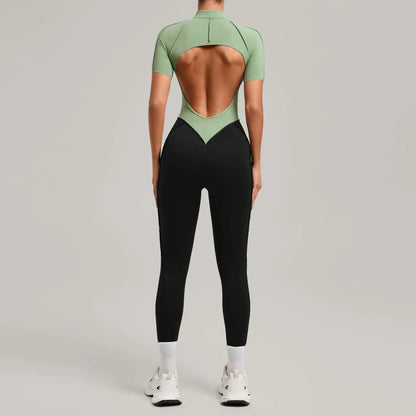 SOISOU Zipper Jumpsuit Women Nylon Clothing Sportswear Woman Gym Yoga Sport Sets Short Sleeve Workout Sets Women Tracksuit