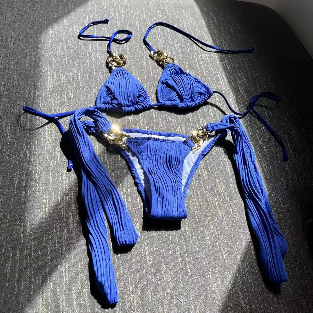 Metal Rings Halter Wrinkled Bikini Female Swimsuit Women Swimwear Two-pieces Bikini set Bather Bathing Suit Swim Lady V4149SW