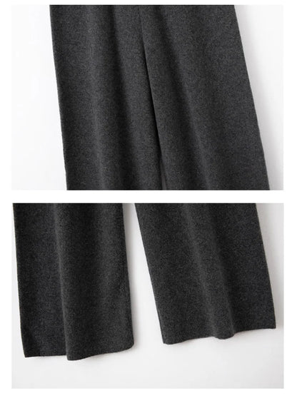 Autumn Winter Fashion Basic Women 100% Merino Wool Wide Leg Pants  Simple Style Cashmere Knitted Trousers Loose Casual Pants