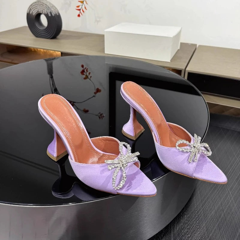 New Bow Rhinestone High-heeled Sandals Sexy Open-toed Fish Mouth Pointed Rear Empty Cool Slippers Women