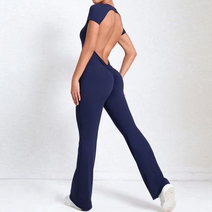 Women's Tracksuit Yoga Set Backless Jumpsuits Back V One Piece Fitness Rompers Short Sleeves Sportswear Gym Set Workout Clothes