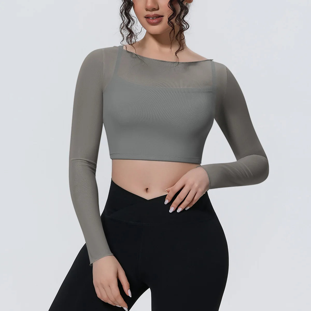 Hearuisavy Women's Mesh Long Sleeve Yoga Top With Padded Bra Fake Two Piece Gym Clothing Fitness Top Quick Dry Sports Crop Top