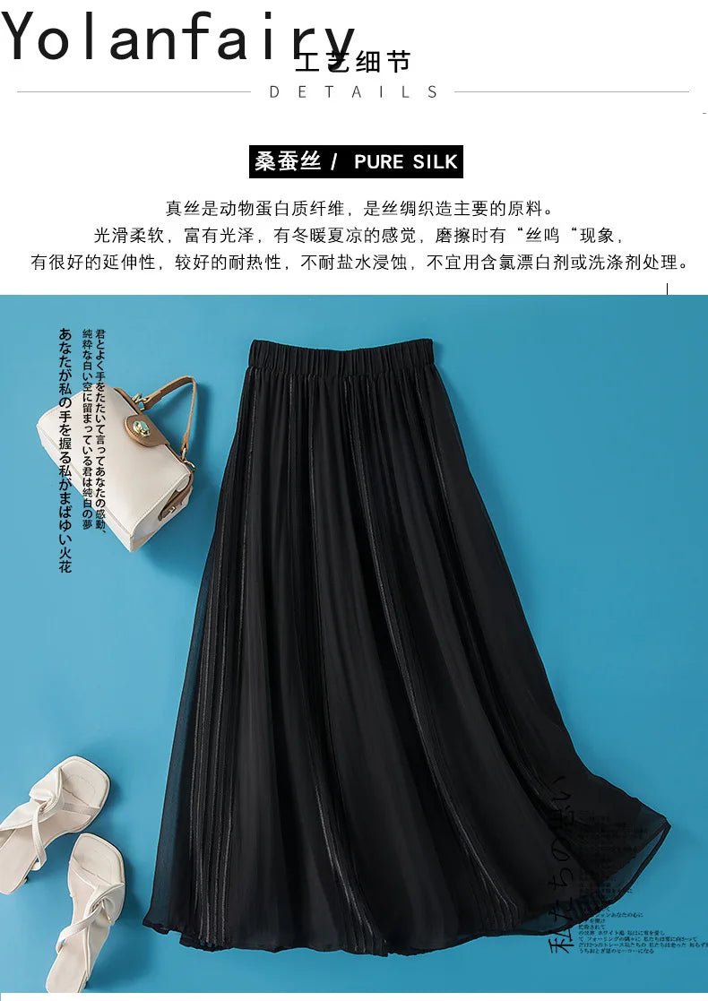 YOLANFAIRY 8mm 100% Real Mulberry Silk Skirts for Women 2026 Summer Solid Elastic Waist Skirt Woman Elegant Black Skirt Fashion