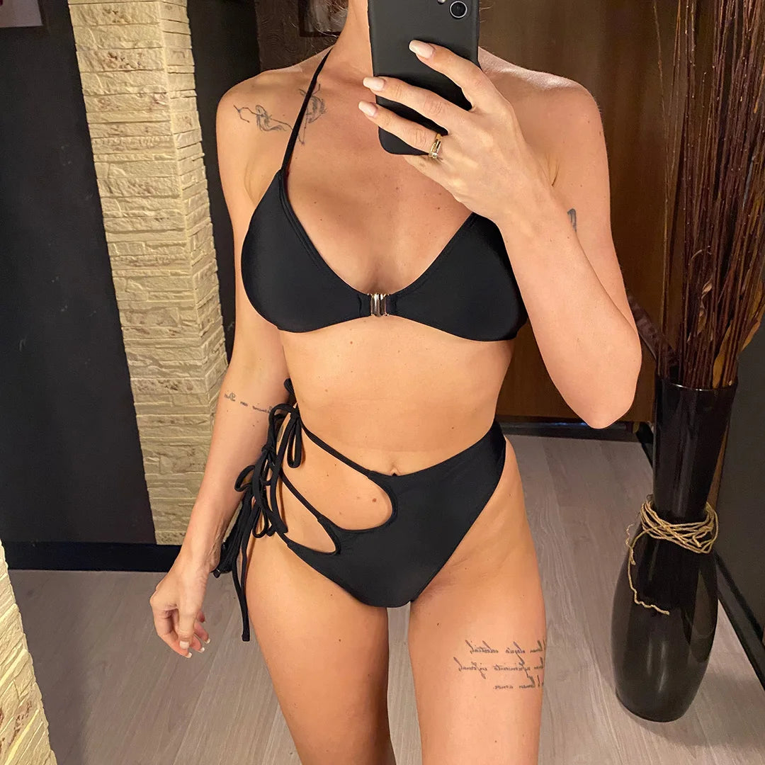 Women Swimwear Asymmetric Cut Out Strappy High Waist Bikini Female Swimsuit Two-pieces Bikini set Bather Bathing Suit Swim V3674