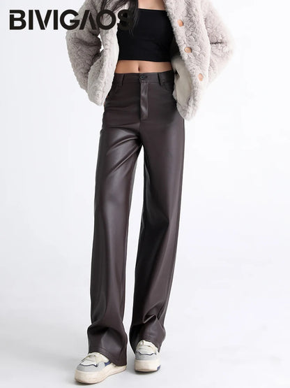 BIVIGAOS Fall Winter Fleece Loose Wide Leg Warm Leather Pants Women Button Pocket High Waist Thick PU Casual Straight Pants