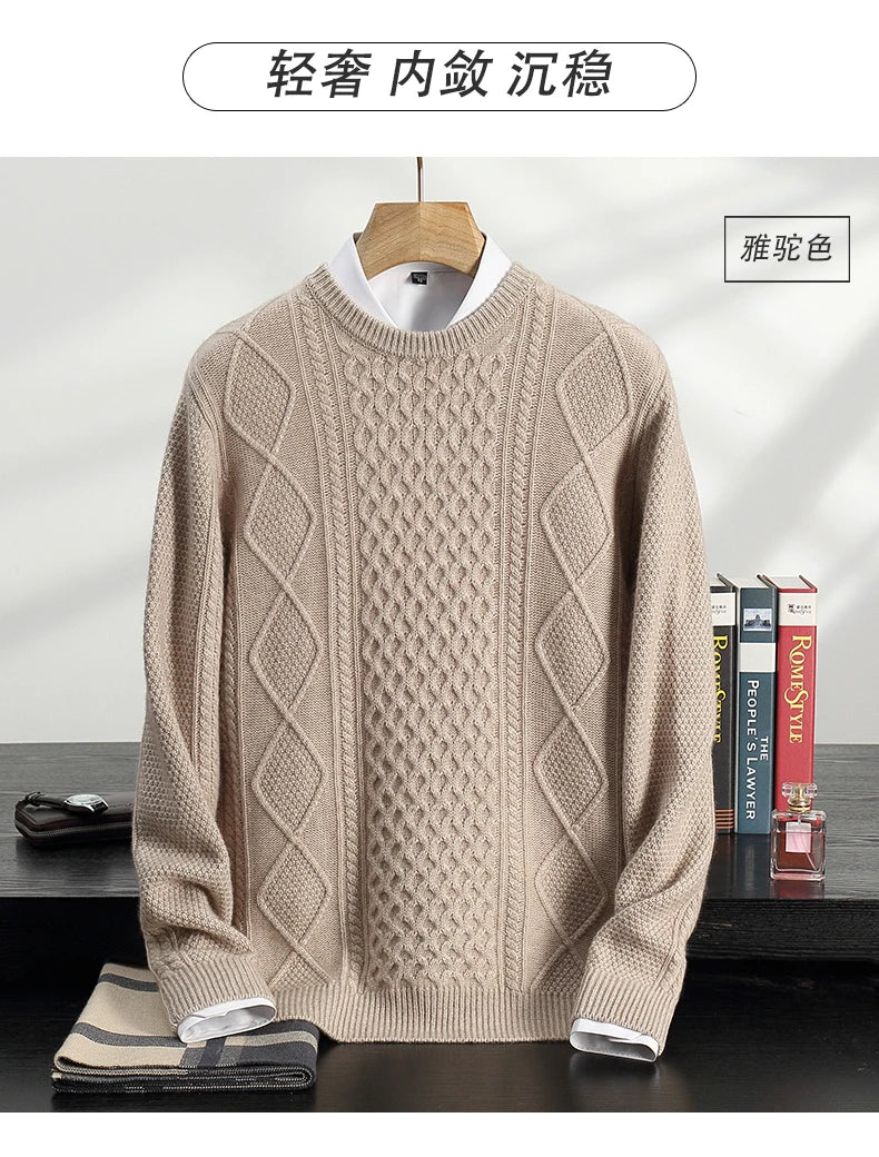 Men's 100% Cashmere Sweater Round Neck Autumn Winter Warm Clothing Jacquard Checkered Pullover Sweater Knitted Bottom Shirt Tops