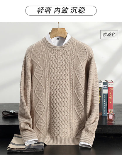 Men's 100% Cashmere Sweater Round Neck Autumn Winter Warm Clothing Jacquard Checkered Pullover Sweater Knitted Bottom Shirt Tops