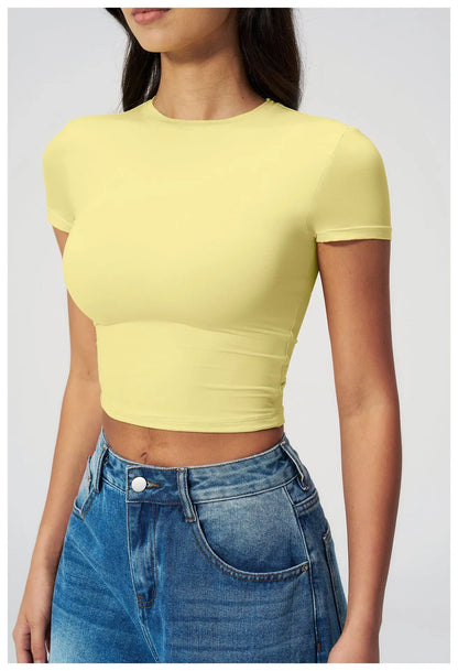 Women Solid Yoga Short Sleeve Breathable Sport T-Shirt Elastic Fitness Yoga Top Gym Shirts Female Casual Running Workout Clothes