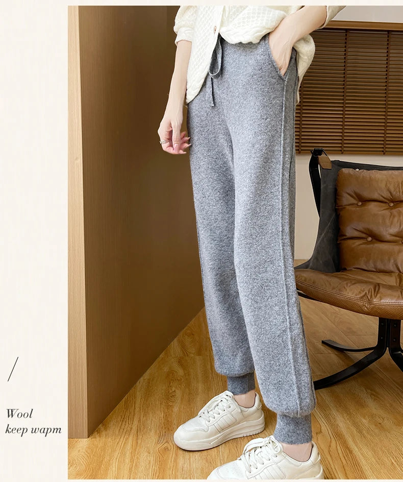 DjzDsm Women's Wool Pencil Pants Autumn Winter 100% Merino Wool Knitted Trousers Thick Soft Warm Pocket Casual Style Comfy Pants