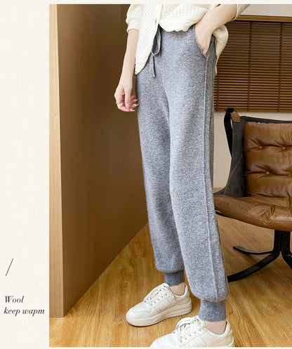 DjzDsm Women's Wool Pencil Pants Autumn Winter 100% Merino Wool Knitted Trousers Thick Soft Warm Pocket Casual Style Comfy Pants