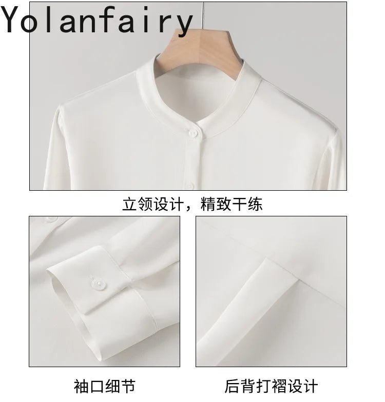 YOLANFAIRY 93% Natural Mulberry Silk Shirts Woman 2026 Stand Collar Long Sleeve Blouse Women Elegant White Shirt OL Ladies Tops