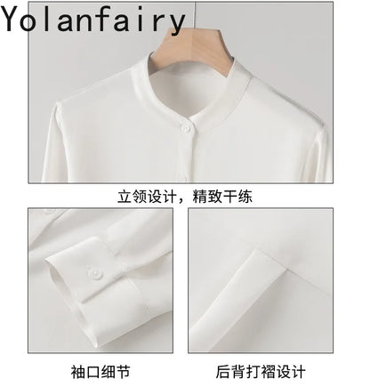 YOLANFAIRY 93% Natural Mulberry Silk Shirts Woman 2026 Stand Collar Long Sleeve Blouse Women Elegant White Shirt OL Ladies Tops