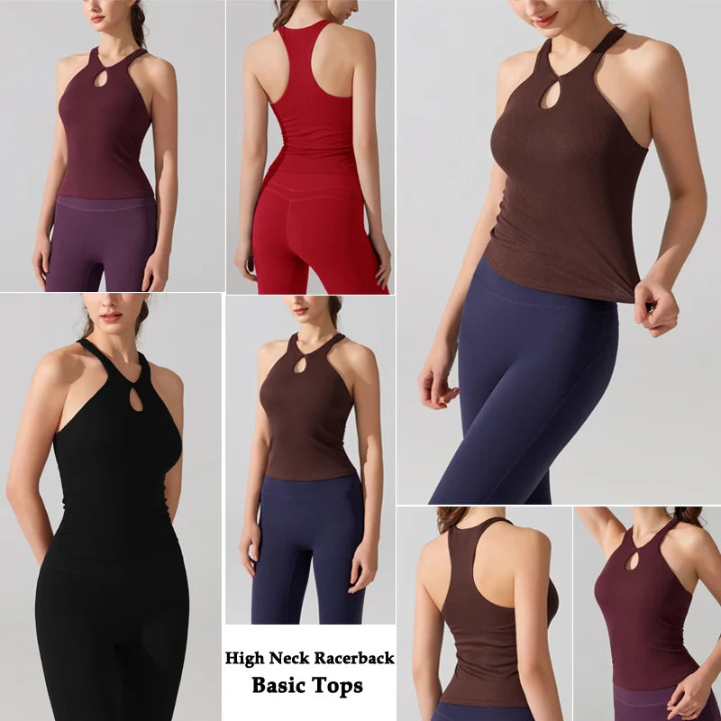 VITALINOVO Women's Tank Top High Neck Ribbed Raceback Going Out Basic Tops with Built-in Bra Summer Sleeveless Yoga Slim Fitted