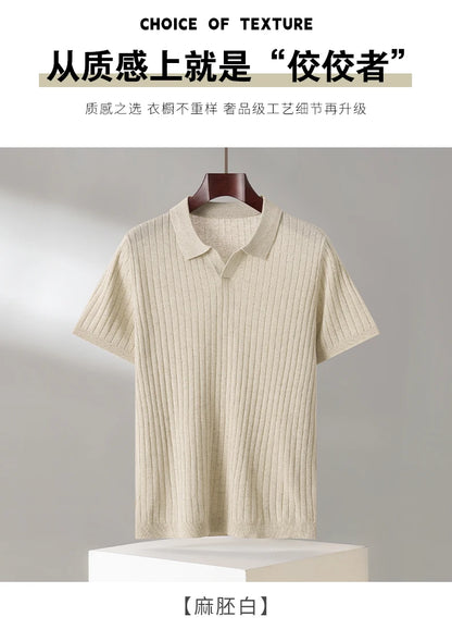 Summer New Men's 100% Lyocell Scissor Collar Solid Color T-Shirt Knit Pullover Bussiness Casual Short-sleeved POLO Collar Tees