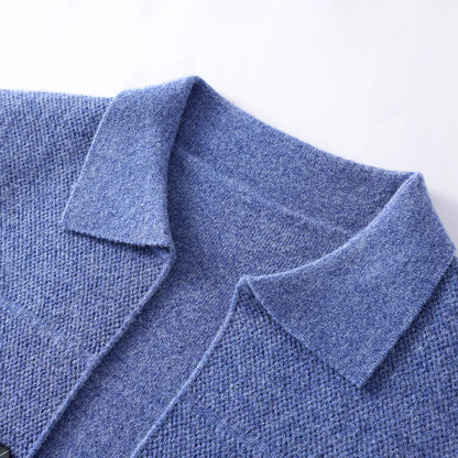 100% Merino Wool Men's Lapel Collar Knit Cardigan Autumn Winter Thicken Solid Color POLO Neck Suit Shirt Cashmere Jacket Sweater