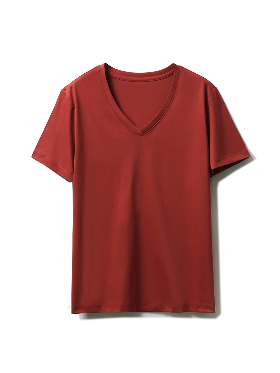 SuyaDream,Women Solid T shirts, 10%Silk 58%Cotton, V Neck, Short Sleeved Tee, 2025 Summer Candy Colors Basic Cozy Top