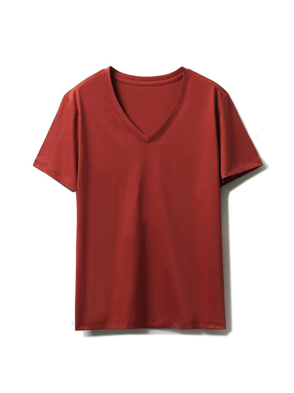 SuyaDream,Women Solid T shirts, 10%Silk 58%Cotton, V Neck, Short Sleeved Tee, 2025 Summer Candy Colors Basic Cozy Top