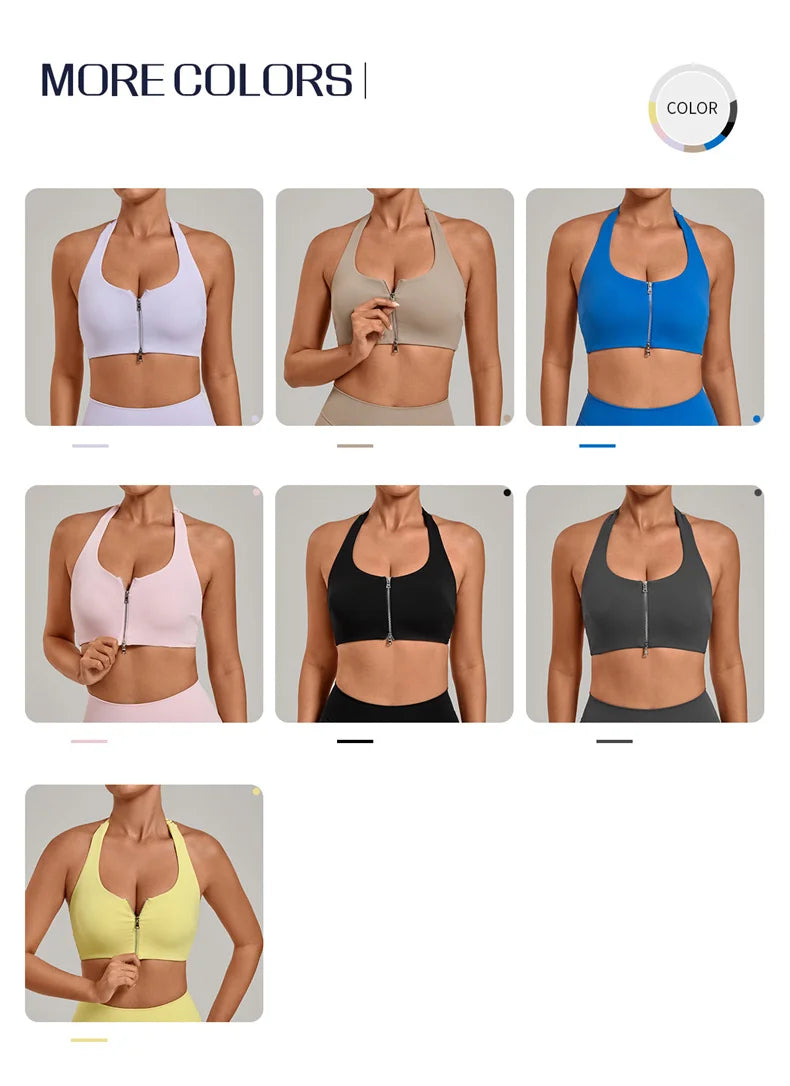 TRY TO BN Yoga Sports Bra Women's Zipper Halter Neck Naked Feeling Backless Underwear Fitness Tops Workout Running Gym Clothing
