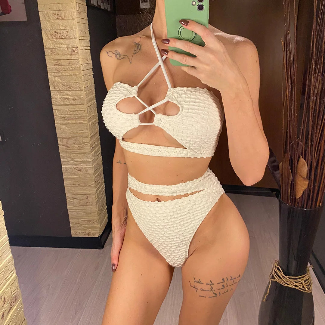 Halter Cut Out Wrinkled Female Swimsuit High Waist Bikini Women Swimwear Two-pieces Bikini set Bather Bathing Suit Swim V4978