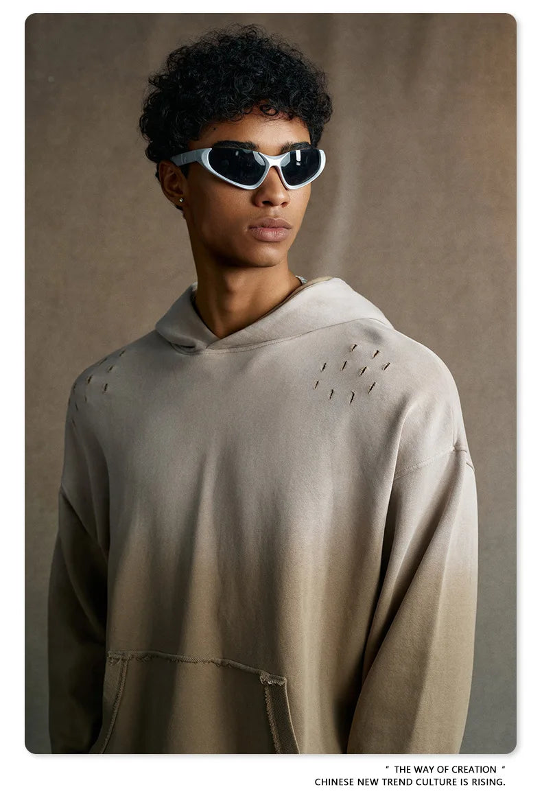 Custom LOGO men's 2025 autumn 370G heavy 100% cotton gradual change hole hooded sweater straight trousers set