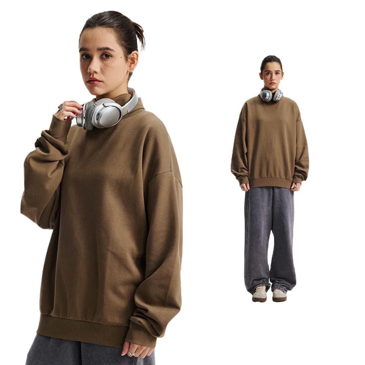 Custom LOGO Men's 305G Spring  Autumn New Cotton Polyester Turtleneck Casual Warm  High Elastic Couple Long Sleeve T-Shirt