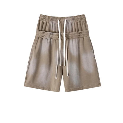 Custom LOGO men's 320G heavy 100% washed and old double waist high waist medium pants loose casual sports five-point shorts