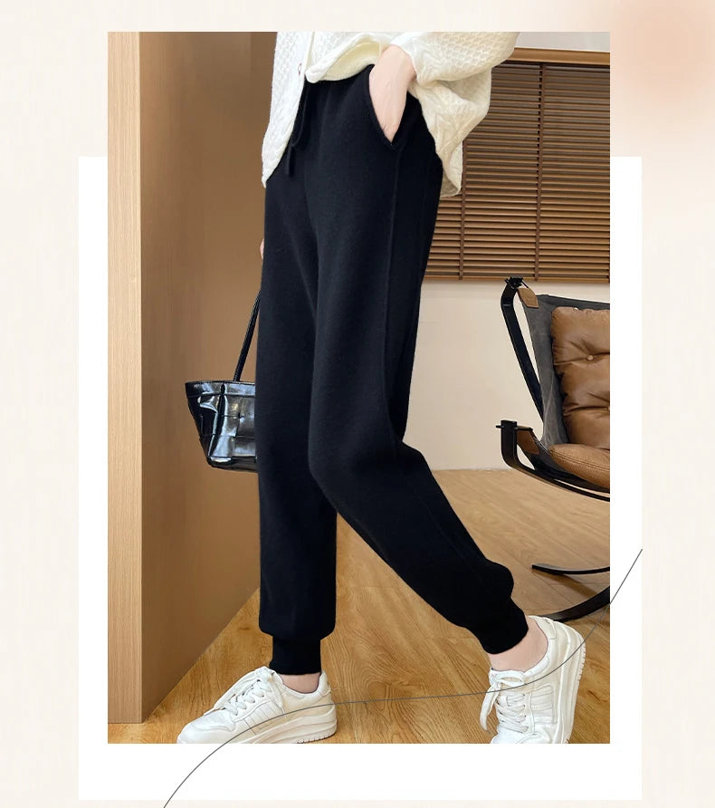 DjzDsm Women's Wool Pencil Pants Autumn Winter 100% Merino Wool Knitted Trousers Thick Soft Warm Pocket Casual Style Comfy Pants